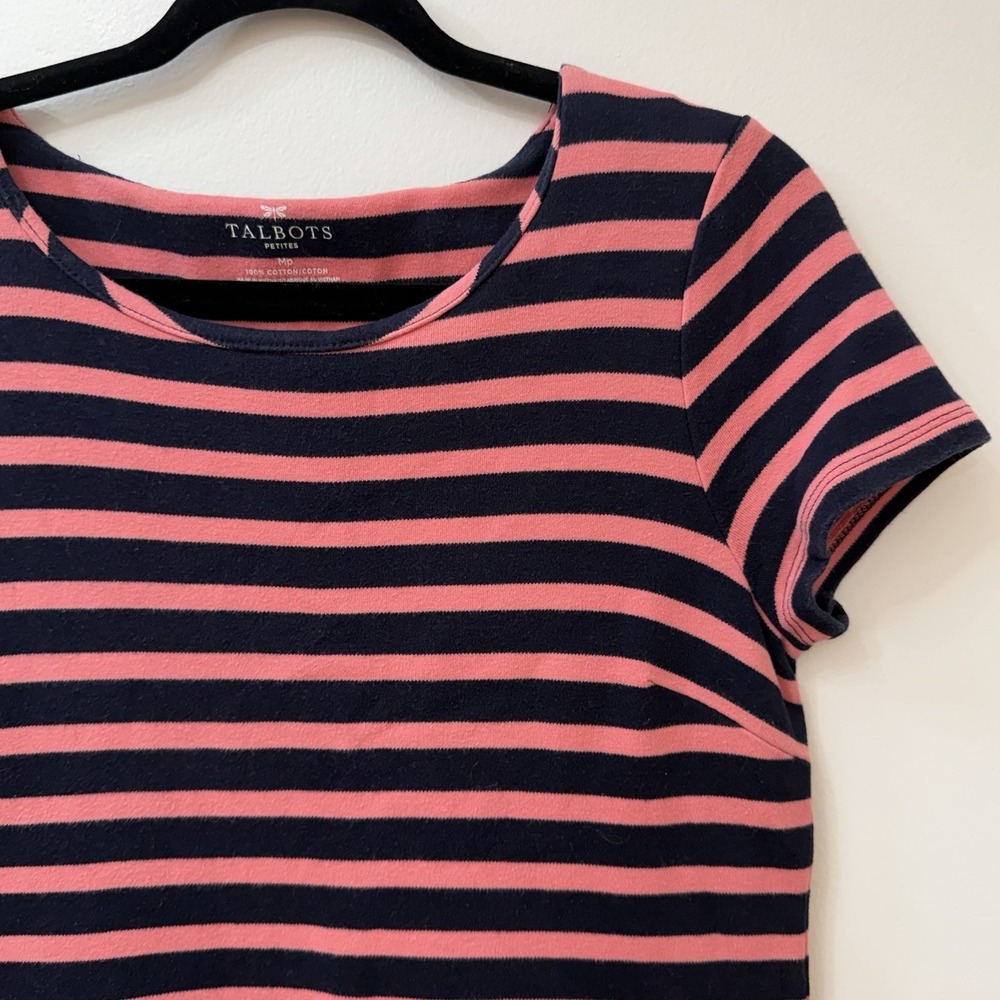 Talbots Dress Navy Pink Striped 100% Cotton Med Pet Classic Preppy - Picture 3 of 10